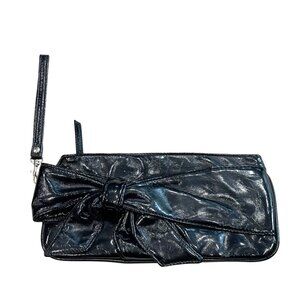 LULU Black Clutch Women's Small Purse Wristlet Vegan‎ Leather Bow Accent Formal